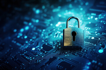 Cyber security lock over a digital background, circuit boards, technology 