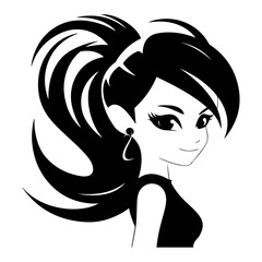 A Serene Beauty Girl with Lustrous Black Tresses, vector drawing 