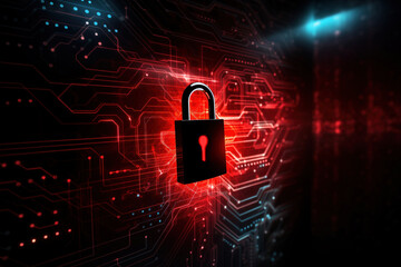 Cyber security lock over a digital background, circuit boards, technology 