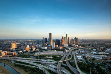Aerial shot of Houston taken at sunset from a helicopter