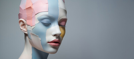 Female face close up with pastel color art makeup, paint on skin on grey background, banner copy space. Fashion model woman, lips, closed eyes, no hairs. Minimal aesthetic image, beauty concept