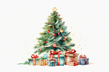 Watercolour christmas tree and gift boxes on a white background. Greeting card for Christmas and New Year