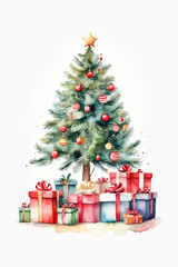 Fototapeta na wymiar Watercolour christmas tree and gift boxes on a white background. Greeting card for Christmas and New Year