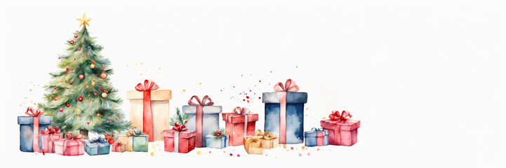 Fototapeta na wymiar Watercolour christmas tree and gift boxes on a white background. Greeting card for Christmas and New Year with copy space.