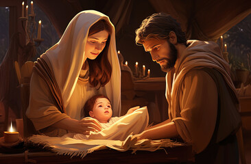 escena de la natividad en el portal de belen con la virgen maría, San José y el niño jesús  - obrazy, fototapety, plakaty