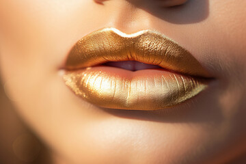 Close up lips with shiny golden color paint or lipstick, stylish fashion Makeup. Part Woman face close up, aesthetic beauty concept, bright cosmetics, metal gold Sexy lips