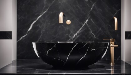 Stylish black marble round vessel sink and chrome faucet. Minimalist interior design of modern bathroom