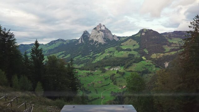 Swiss Alps Grosser Mythen mountain during on the way up to Fronalpstock by Stoos ridge railway in Switzerland