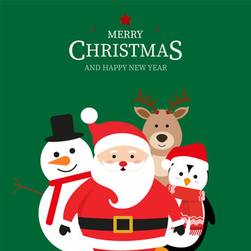 Green Christmas card with Santa Claus Snowman, Penguin and Deer. Merry Christmas. Vector Graphics in Cartoon Style