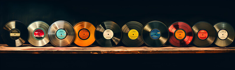 Used vintage vinyl records of various types and colors. Retro musical background.