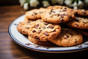 Chocolate chip cookies on white plate. Generative Ai.