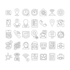 Set of contact line icons. Collection of contact icons. Icons for Contact, Mail, Call, Address, Web, Message, Chat, and Support. Vector
