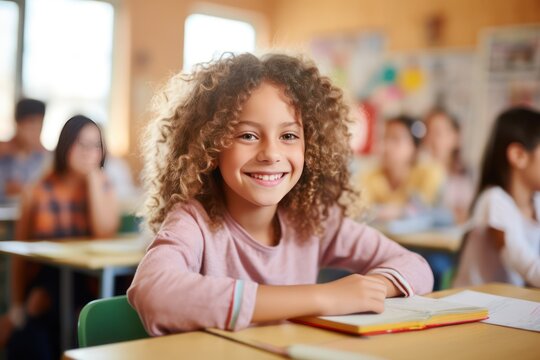 Portrait of student girl smiling in class 