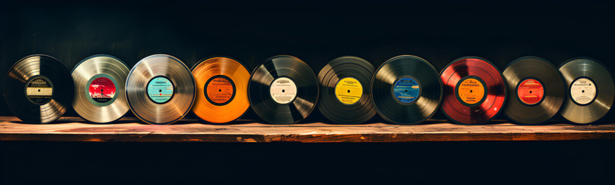 Used vintage vinyl records of various types and colors. Retro musical background.