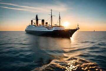 close up view, of a ship, in the ocean, sunny day, sunlight reflecting the water, beautiful evening view, sunset view