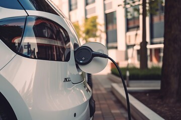 Fototapeta premium Electric car charging on the street near a house in a residential parking area, contributing to sustainable living and eco-friendly transportation.