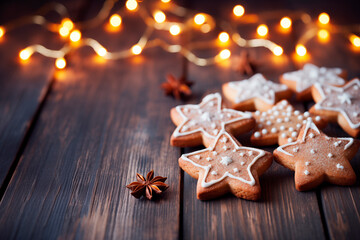 christmas star cookies on wooden table and blur light background