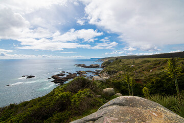 beautiful panoramic view of the Pacific sea in Chile with green vegetation, Hualpen peninsula