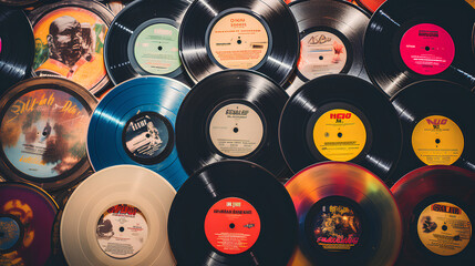 Used vintage vinyl records of various types and colors. Retro musical background. - obrazy, fototapety, plakaty