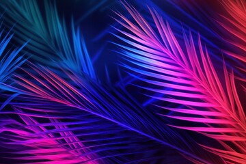 Tropical palm leaves in vibrant neon gradient, holographic colors.