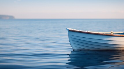 Naklejka premium Small Boat Floating on the Quiet Sea with Horizon in View