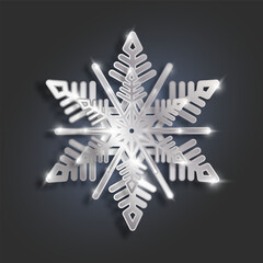 Silver metallic snowflake on a dark background. Christmas New Year element. Frozen silhouette of a snowflake with highlights, a symbol of winter. Vector EPS 10.