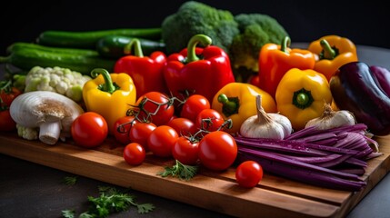 Colorful Assortment of Fresh Vegetables on a Wooden Board