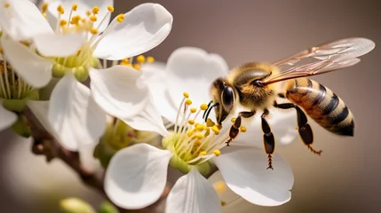 Foto auf Glas Essence of Spring: Bees Pollinating White Cherry Blossoms © betterpick|Art