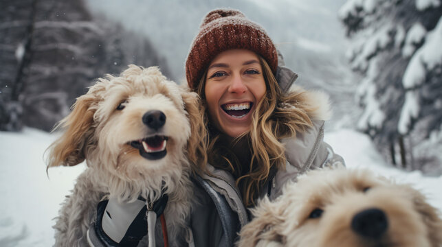A young woman in warm clothes walking her 2 dogs in a picturesque snowy mountain outdoor. Female laughing and playing with pets and one dog licking an owner's cheek.Human and pets winter concept imag