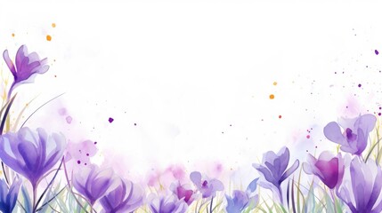 spring season delicate frame with purple crocus flowers,white background