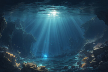 Deep sea water abyss with blue sun light