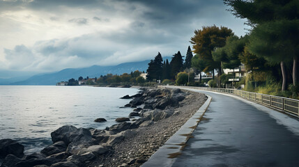 Fototapeta na wymiar Lovran promenade and coastline, view of Adriatic sea and Kvarner gulf,generated Ai.