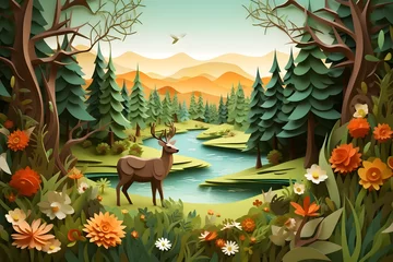 Photo sur Plexiglas Chambre denfants Green forest nature landscape in paper cut style background.