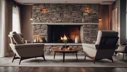 Two recliner chairs in room with stone wall and fireplace. Mid-century, scandinavian home interior design