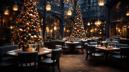 Fototapeta na wymiar Christmas Restaurant Christmas Tree Bright Lights Food Table