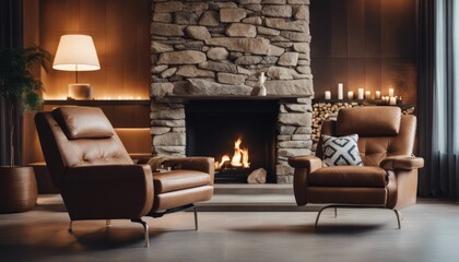Fototapeta premium Two recliner chairs in room with stone wall and fireplace. Mid-century, scandinavian home interior design