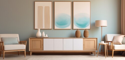 Bright living room with three empty white frames and a stylish sideboard for a contemporary feel