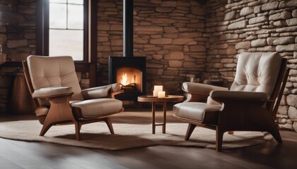 Two recliner chairs in room with stone wall and fireplace. Mid-century, scandinavian home interior design