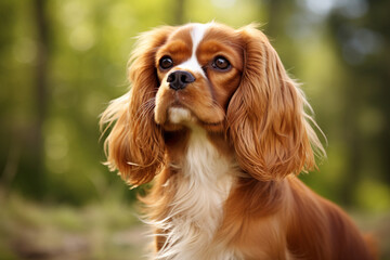 Naklejka premium Cavalier King Charles Spaniel dog close-up portrait in a natural environment