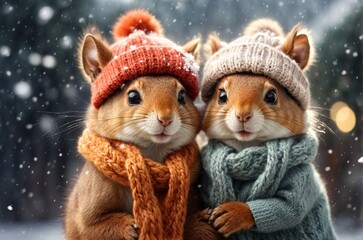 Two cute squirrels in knitted hats and scarves hugging each other under falling snowflakes. Concept...