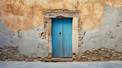 Old ancient colorful textured door and window in a stone wall in Greece,Generated Ai