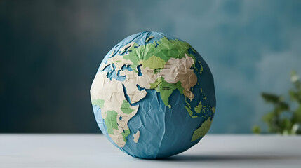 Paper craft Earth globe handmade on gray concrete background,Generated Ai