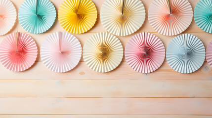 Paper disposable plates with party blowers on light wooden background,Generated Ai