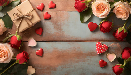 Valentine's Day roses and gift wrapping on a rustic table. Valentine's day concept