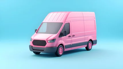 Gordijnen Pink delivery van on blue background. 3d illustration,Generative Ai. © ART
