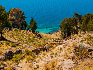 Wild coast and emerald waters  of island Taquile, Lake Titicaca, Puno region, Peru
- 685282398