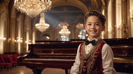A smiling boy of European descent, holding his hands in his pants, dressed in a stylish ensemble, in a large music hall with ornate architecture. Elegant chandeliers, a grand piano