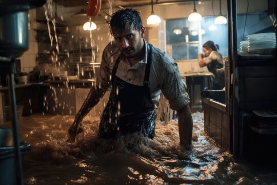 The restaurant kitchen is flooded with water mixed with mud, the cook is swimming