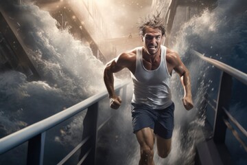 An athlete runs from a tsunami