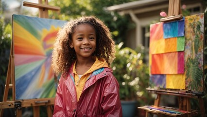 Naklejka premium A happy eight-year-old girl of African descent wearing a raincoat looks at a brightly colored masterpiece on an easel in a sunny backyard. On the easel is a canvas of bright colors.